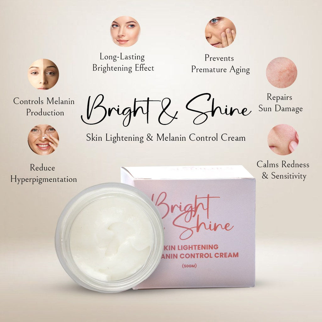 Bright & Shine benefits chart showing brightening, melanin control, sun damage repair and redness calming