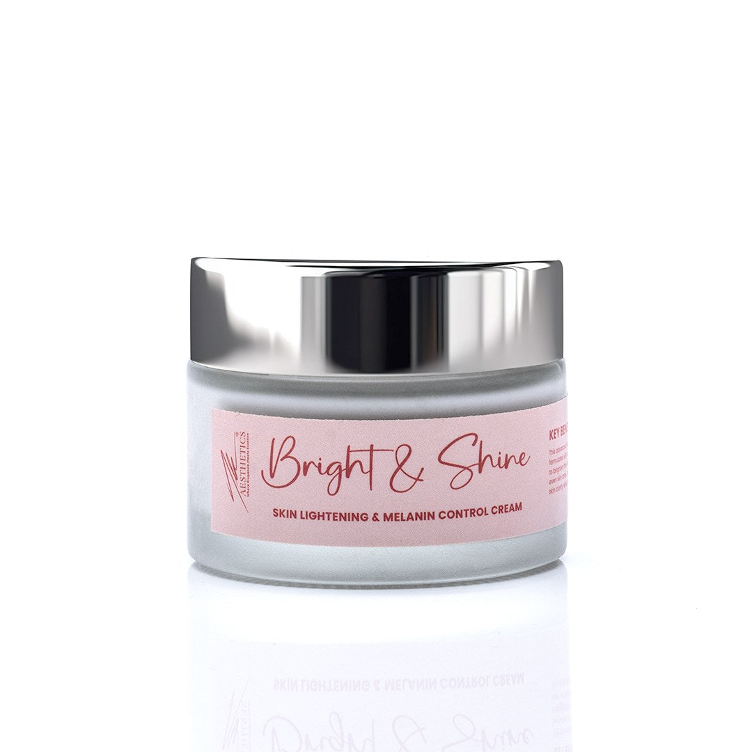 Bright & Shine melanin control cream jar with silver lid on a white background