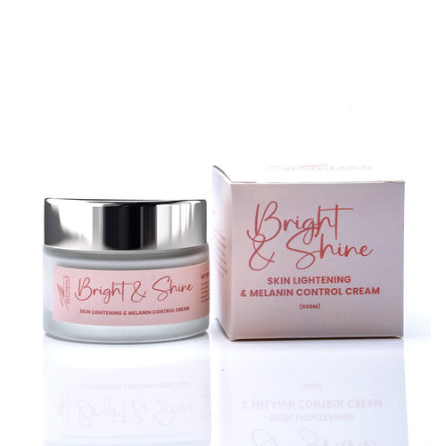 Bright & Shine skin lightening cream jar beside its pink outer carton on a white background