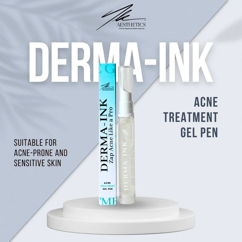 Derma-Ink acne treatment gel pen standing on a plinth beside its blue carton