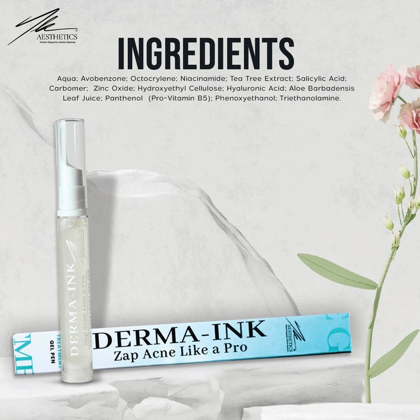 Derma-Ink full ingredient list beside the gel pen and its carton