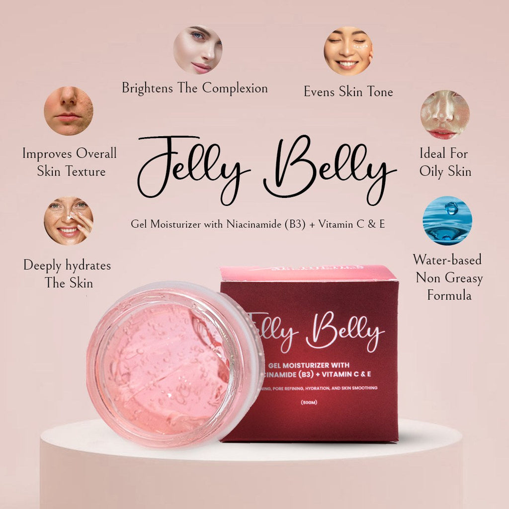 Jelly Belly benefits chart showing brightening, even tone, texture and hydration with the open jar of pink gel