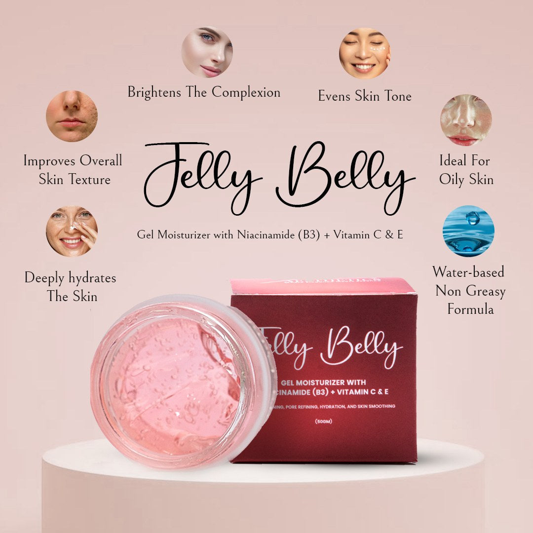 Jelly Belly benefits chart showing brightening, even tone, texture and hydration with the open jar of pink gel