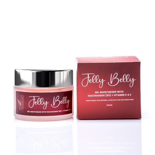 Jelly Belly gel moisturiser jar beside its red carton on a white background
