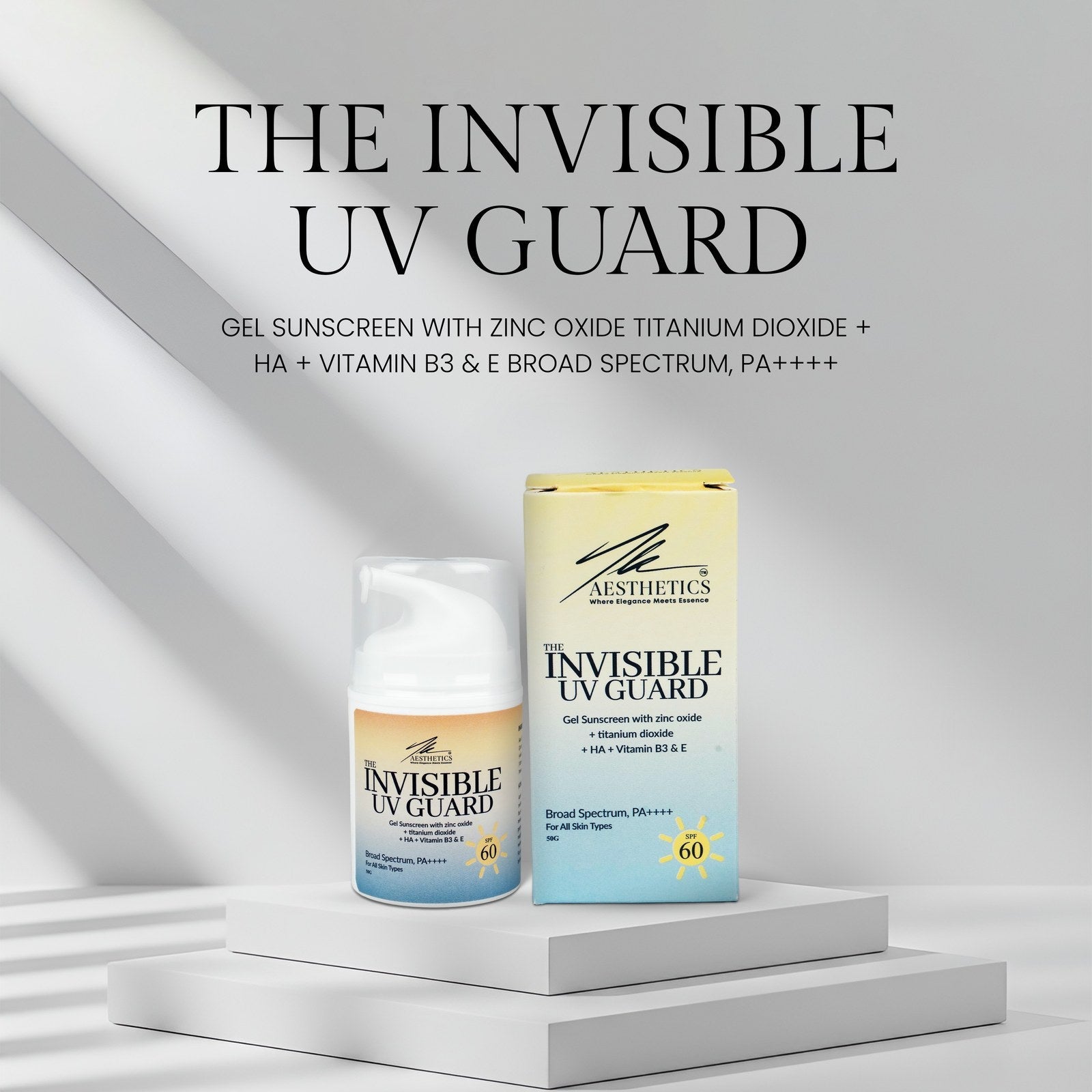 The Invisible UV Guard SPF 60 gel sunscreen pump bottle beside its yellow carton